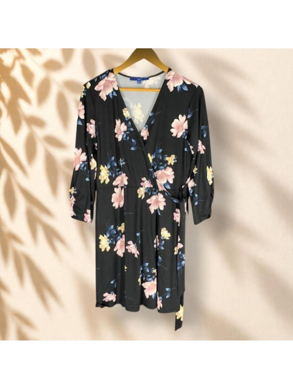 Apt. 9 Dress Women L Large Black Floral Shift Short V-Neck Long Sleeve Belted